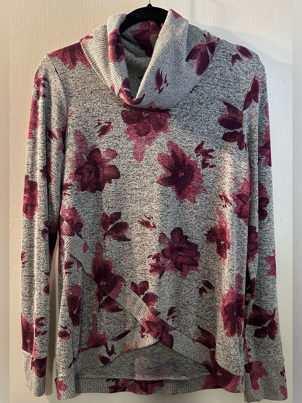 Peace & Pearls Cowl Neck Floral Sweater - Gray with Berry Floral Size M
